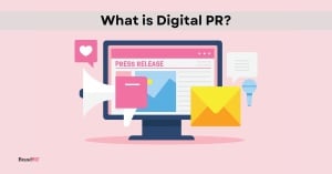 Illustration explaining digital PR, featuring a press release on a computer screen with media, email, and outreach icons representing online public relations.